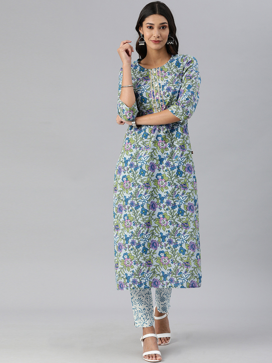 

KSUT Women Blue & Pink Floral Print Pure Cotton Kurta with Trousers