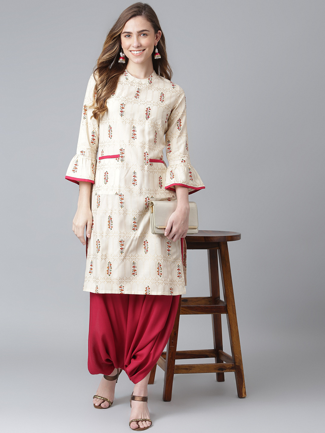 

Khushal K Women Cream-Coloured & Brown Printed Kurta with Salwar