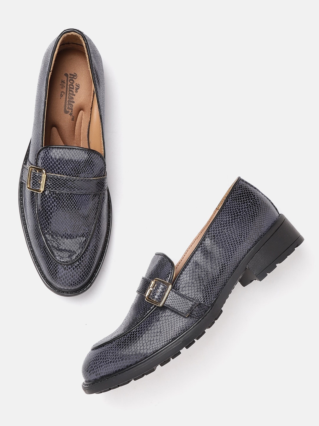 

The Roadster Lifestyle Co Women Navy Blue Snakeskin Textured Penny Loafers with Buckle Detail