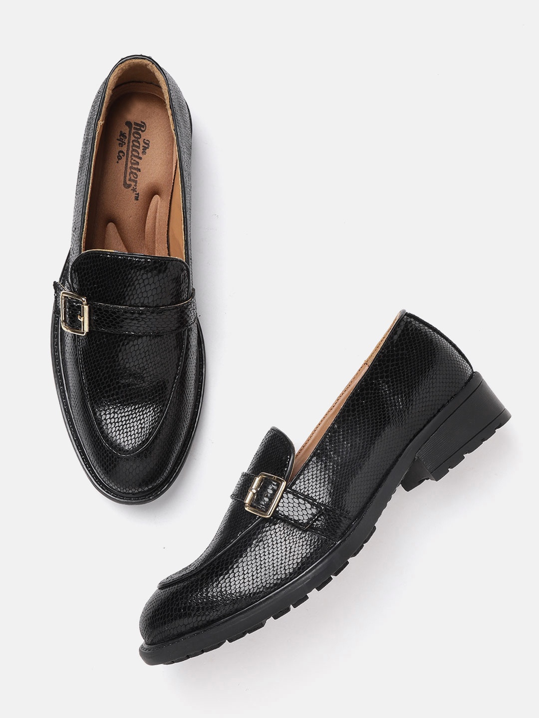 

The Roadster Lifestyle Co Women Black Snakeskin Textured Loafers with Buckle Detail