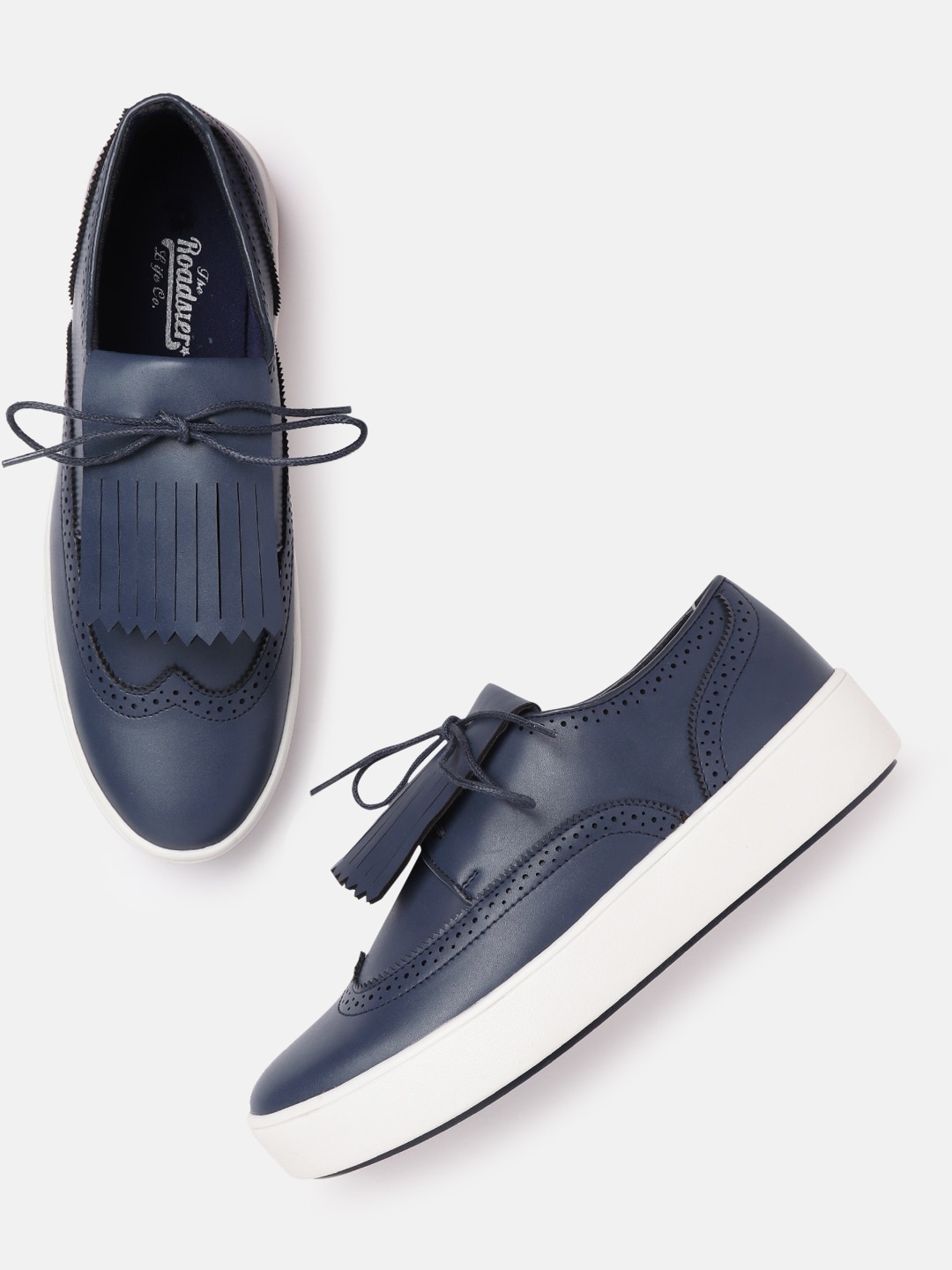 

The Roadster Lifestyle Co Women Navy Blue Flatform Brogues with Fringed Detail