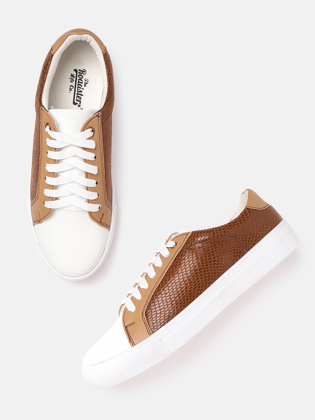 

The Roadster Lifestyle Co Women Brown & White Snakeskin Textured Sneakers