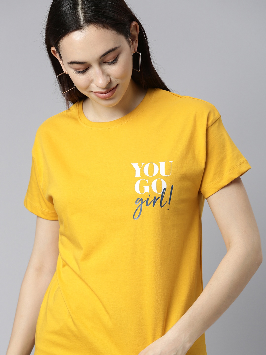 

Mast Harbour Women Yellow White Printed Extended Sleeves Pure Cotton T-shirt