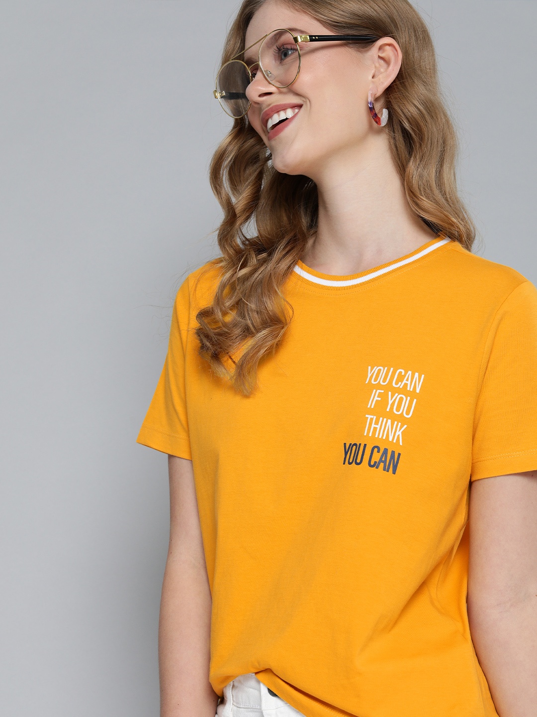 

Mast Harbour Women Orange Printed Round Neck Pure Cotton T-shirt