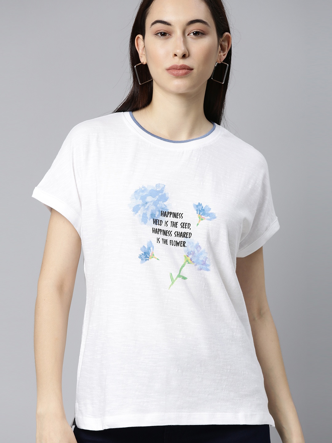 

Mast Harbour Women White Blue Printed Pure Cotton T-shirt