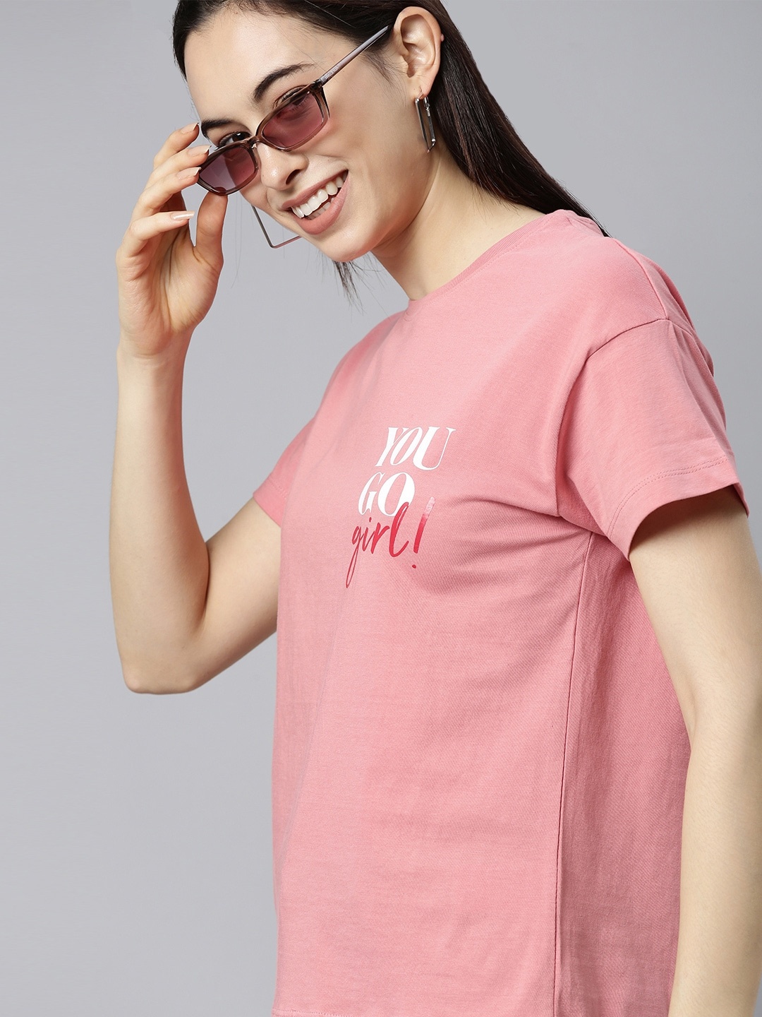 

Mast Harbour Women Pink White Printed Extended Sleeves Pure Cotton T-shirt