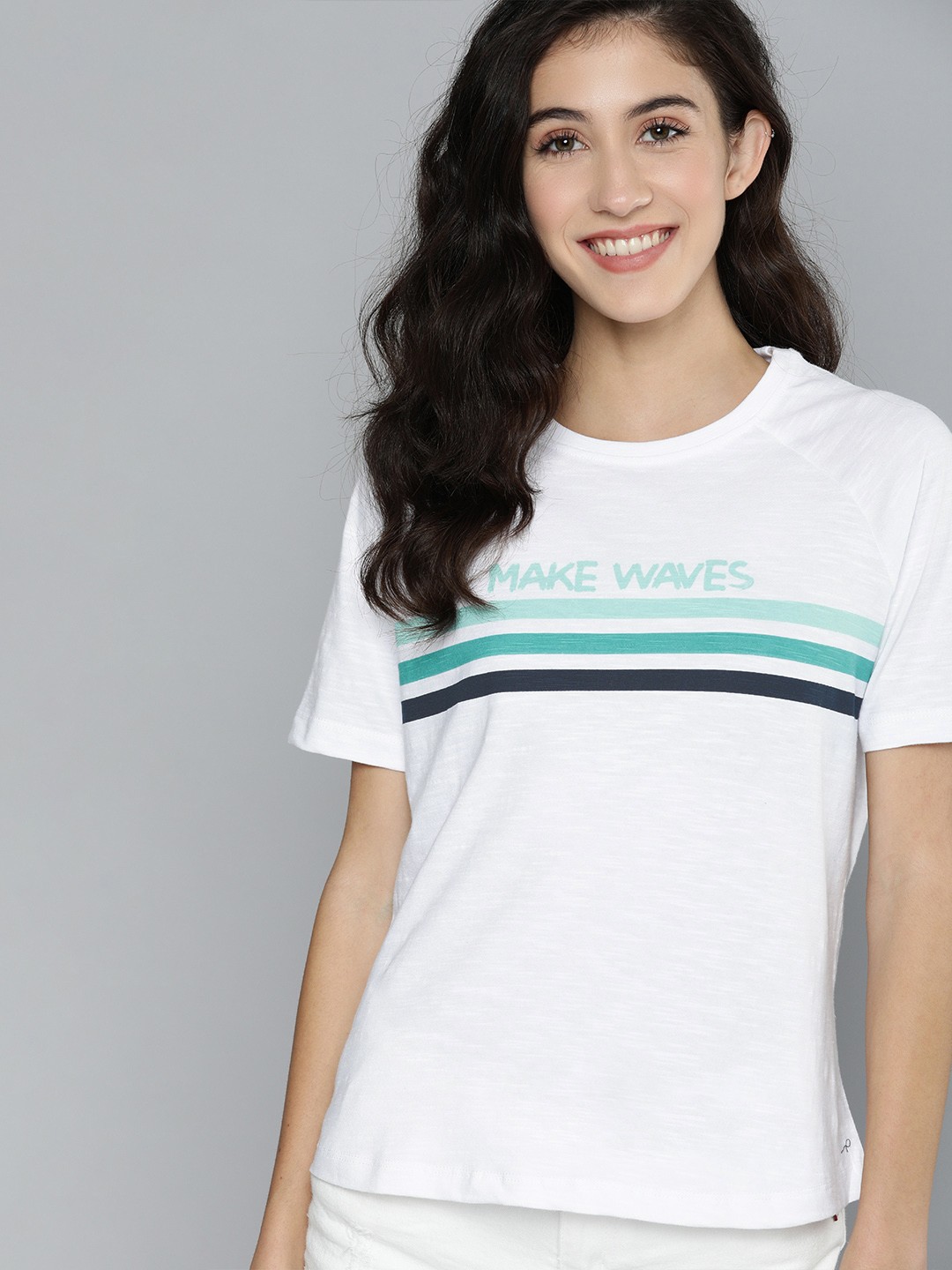 

Mast Harbour Women White Sea Green Regular Fit Striped Round Neck Pure Cotton T-shirt