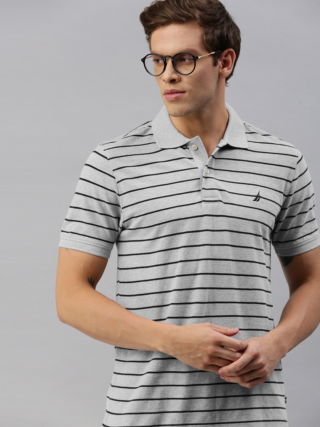 

Nautica Men Grey Striped Polo Collar Pure Cotton T-shirt