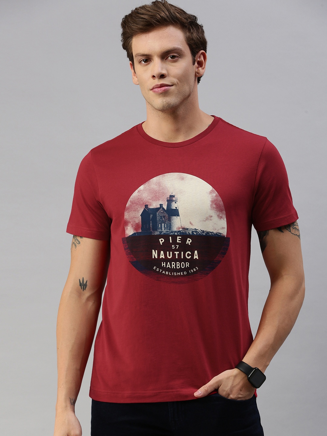 

Nautica Men Maroon Graphic Print Round Neck Pure Cotton T-shirt