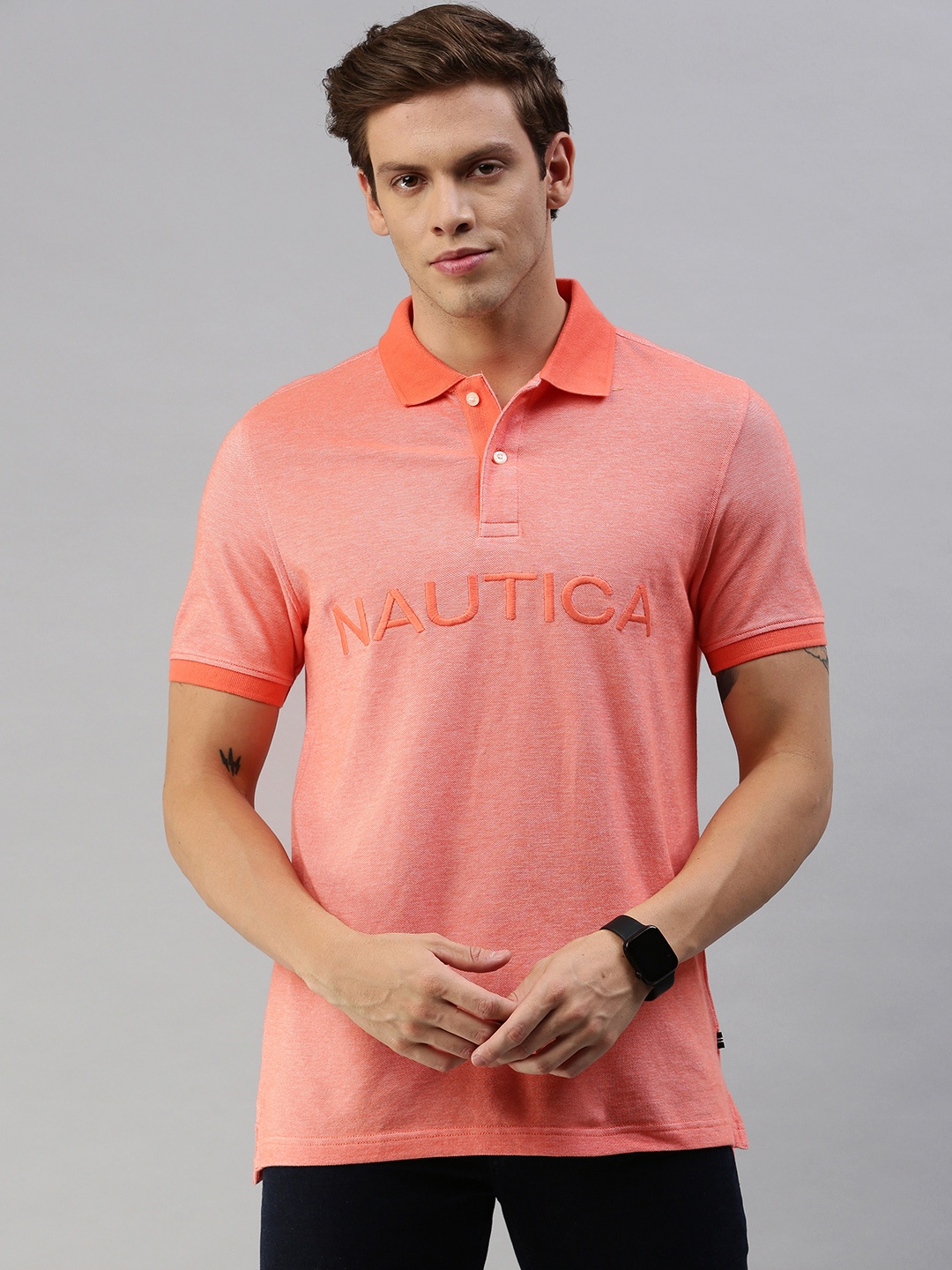 

Nautica Men Coral Pink Brand Logo Embroidered Polo Collar Pure Cotton T-shirt
