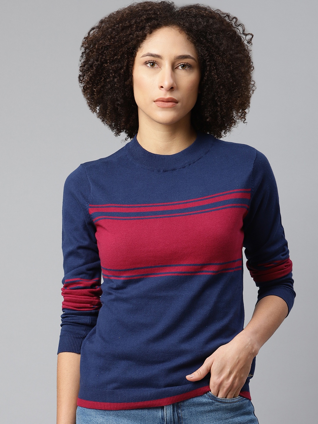 

The Roadster Lifestyle Co Women Navy Blue & Maroon Striped Round Neck T-shirt