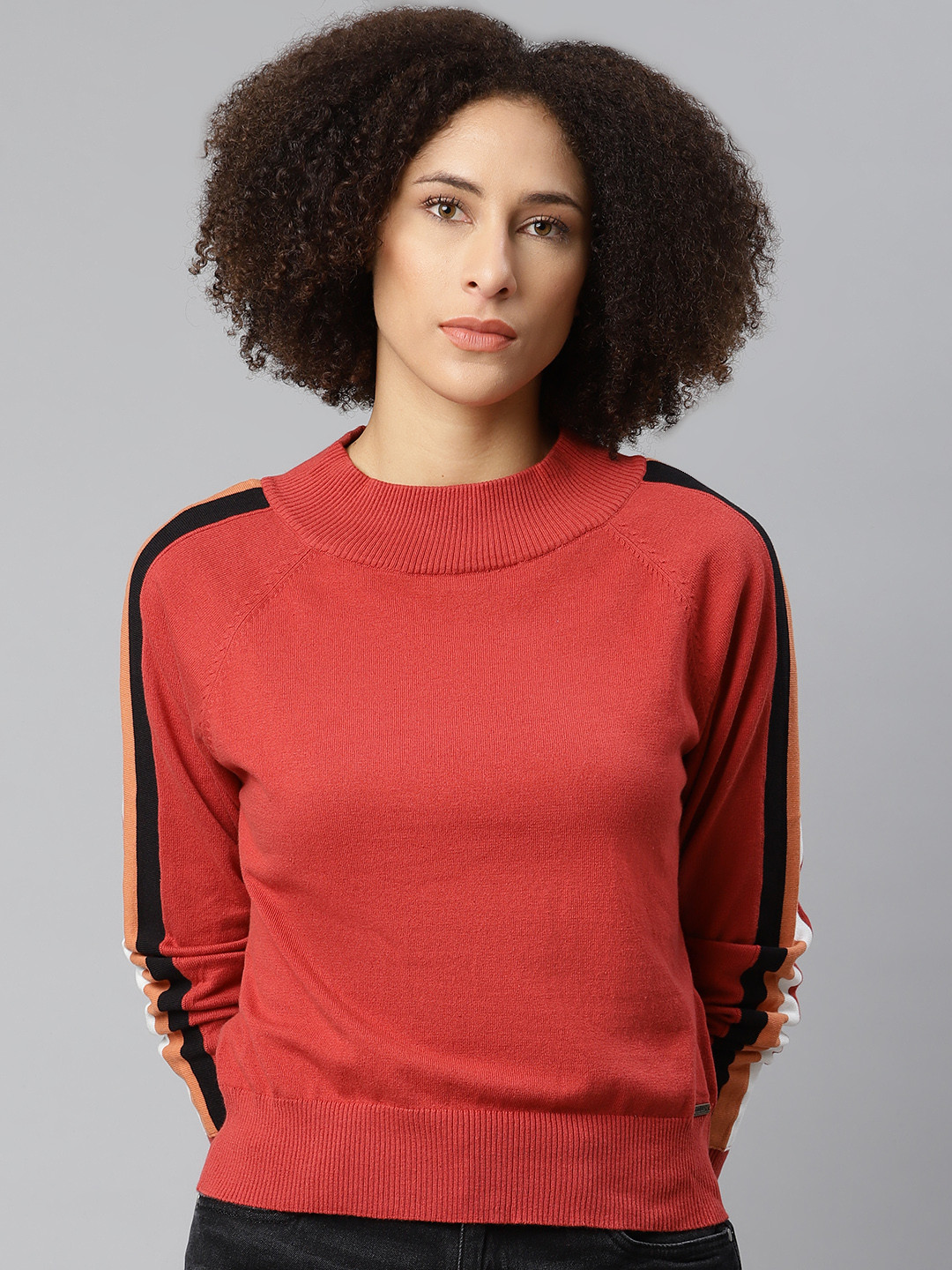 

The Roadster Lifestyle Co Red Solid Regular Top With Striped Sleeves