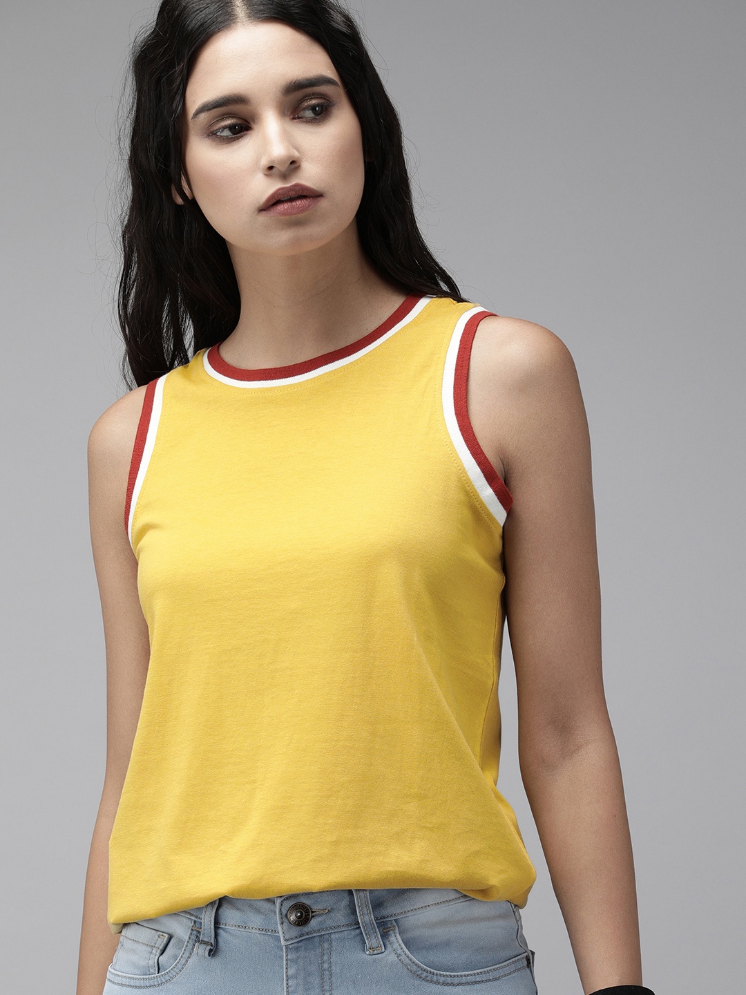 

The Roadster Lifestyle Co Women Yellow Solid Round Neck Sleeveless Pure Cotton T-shirt