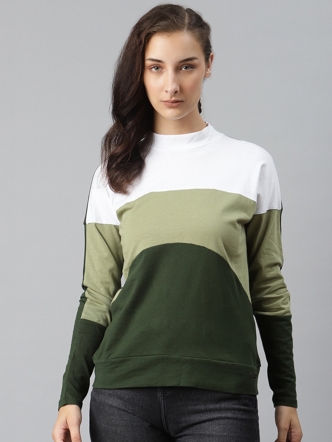 

The Roadster Lifestyle Co Women White Green Pure Cotton Colourblocked High Neck Pure Cotton T-shirt