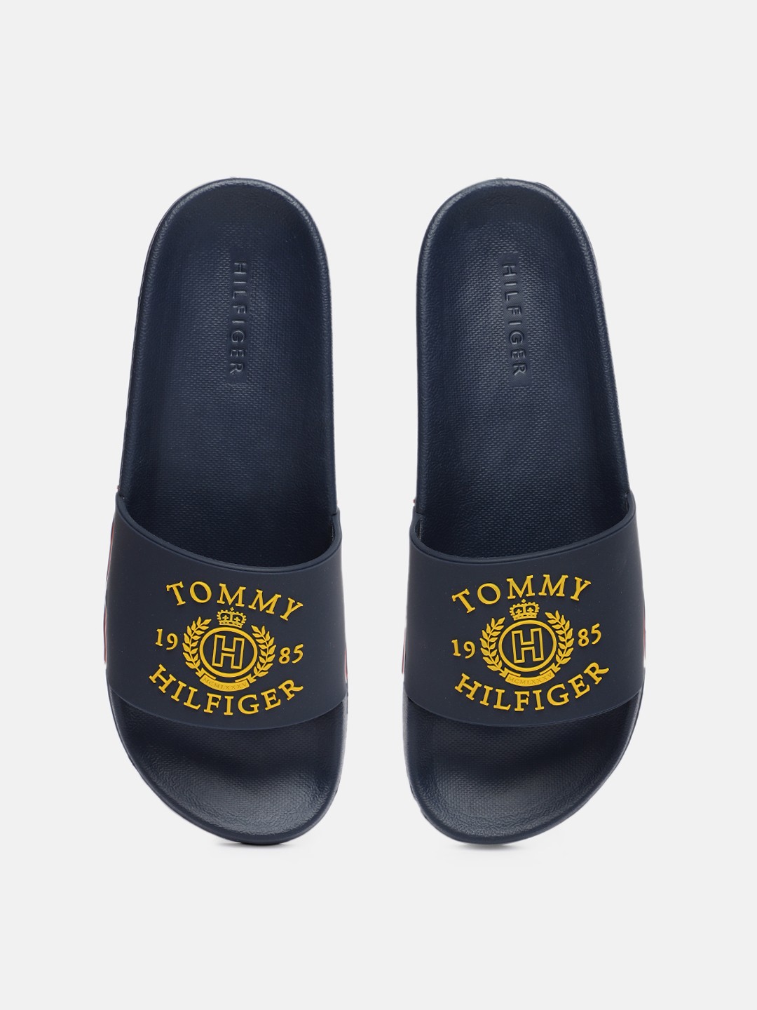 

Tommy Hilfiger Men Navy Blue & Yellow Printed Sliders