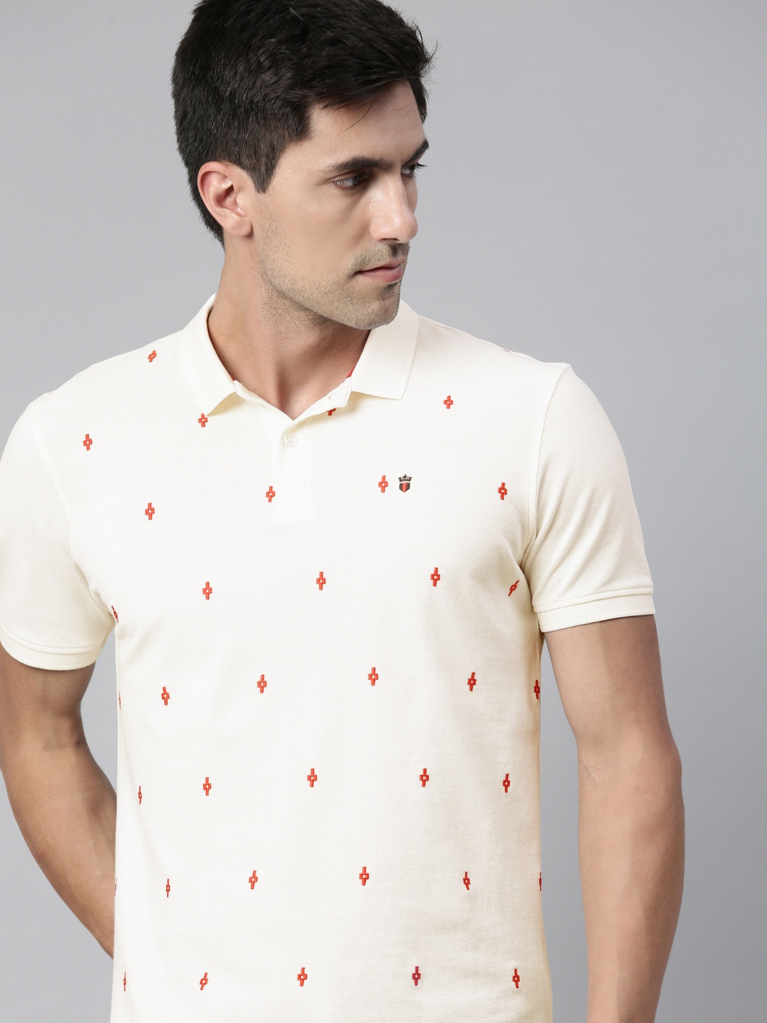 

Louis Philippe Jeans Men Off-White Red Embroidered Polo Collar Pure Cotton T-shirt