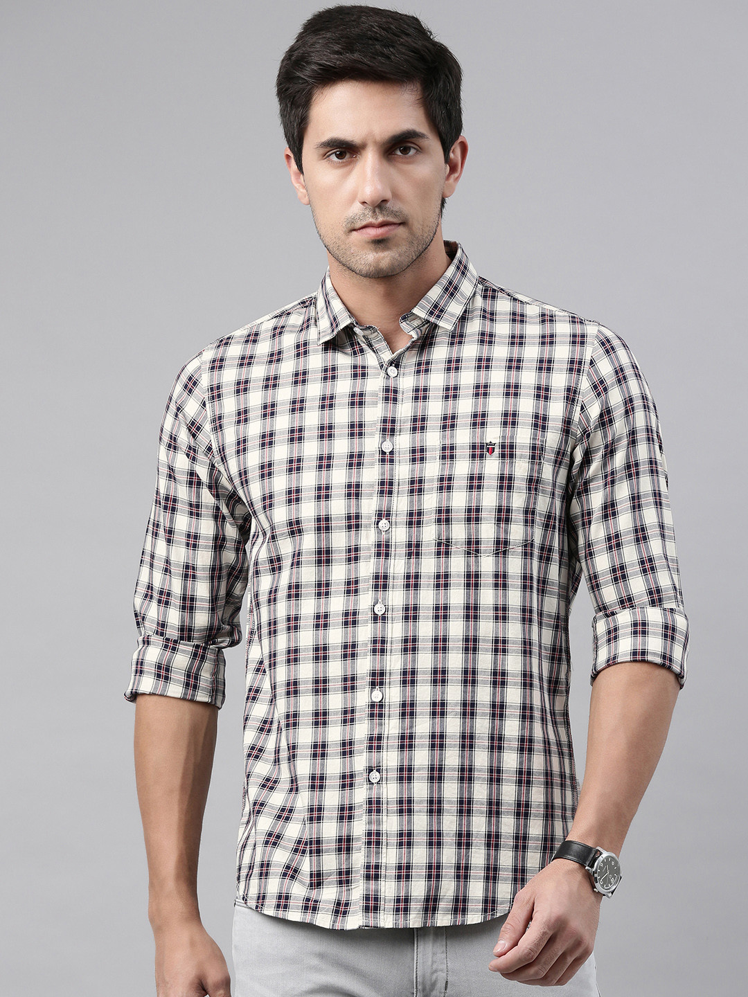 

Louis Philippe Jeans Men Off-White & Navy Blue Super Slim Fit Checked Casual Shirt