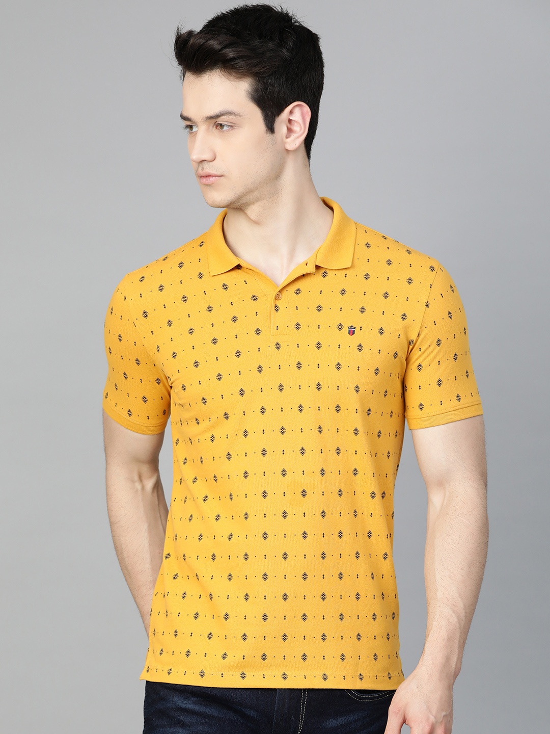 

Louis Philippe Sport Men Mustard Yellow & Black Printed Polo Collar T-shirt