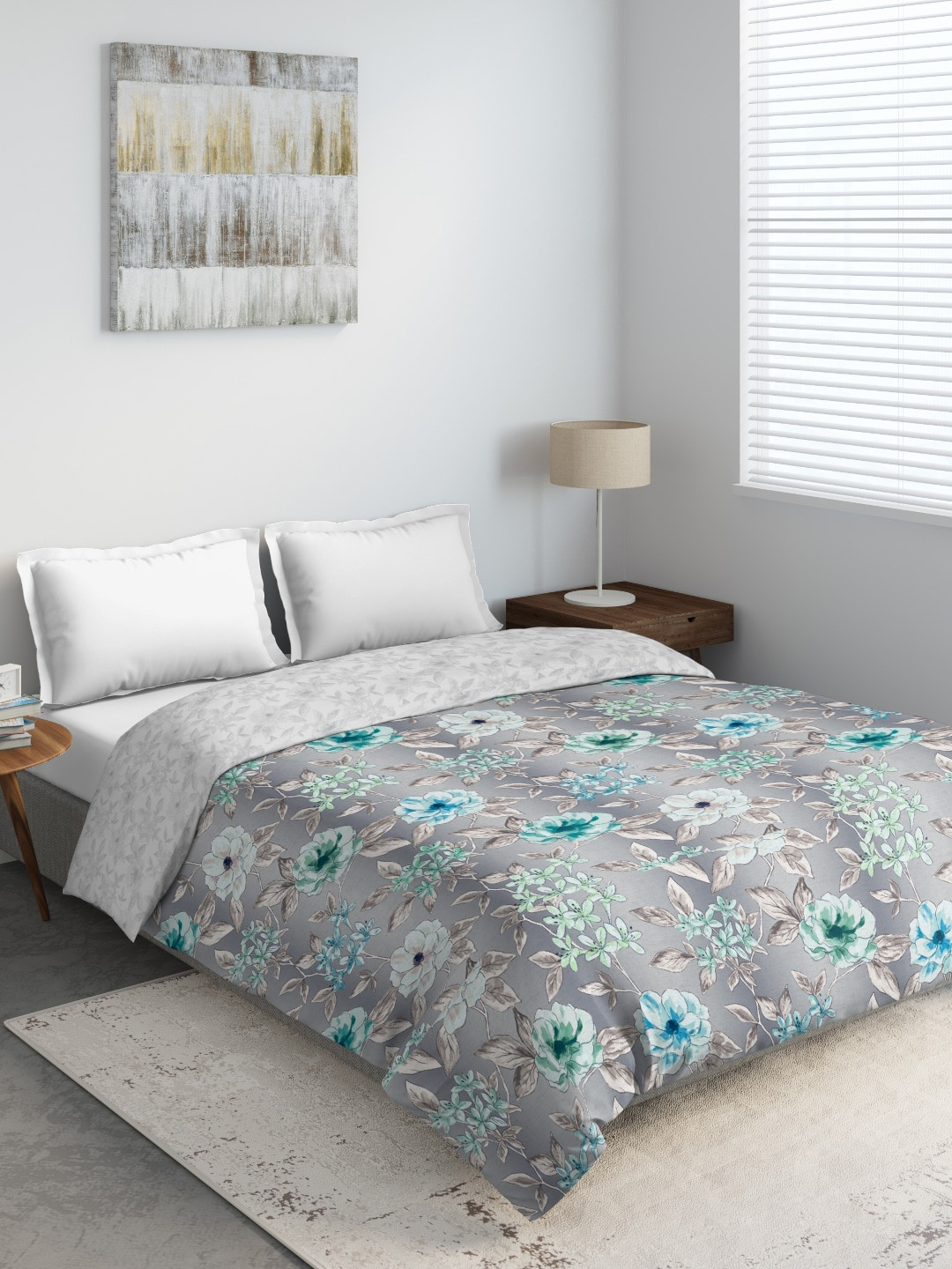 

DDecor Grey & Turquoise Blue Floral Mild Winter 210 GSM Double Bed Comforter