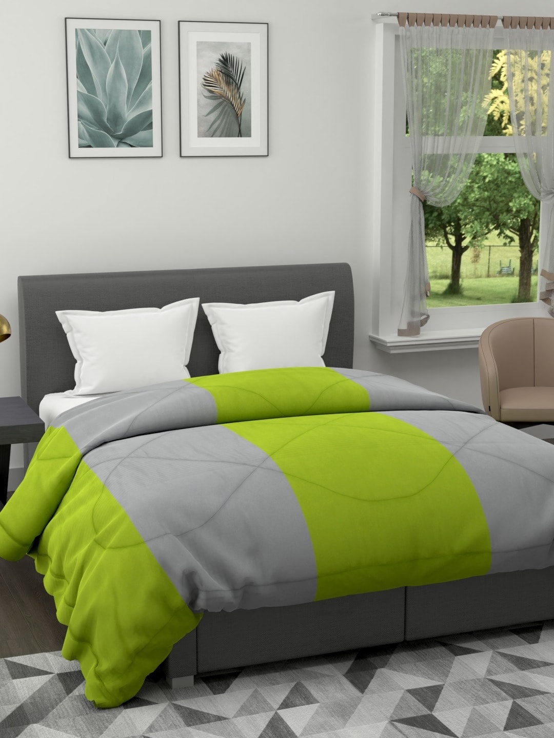 

Clasiko Green & Grey Melange Striped AC Room 120 GSM Double Bed Quilt