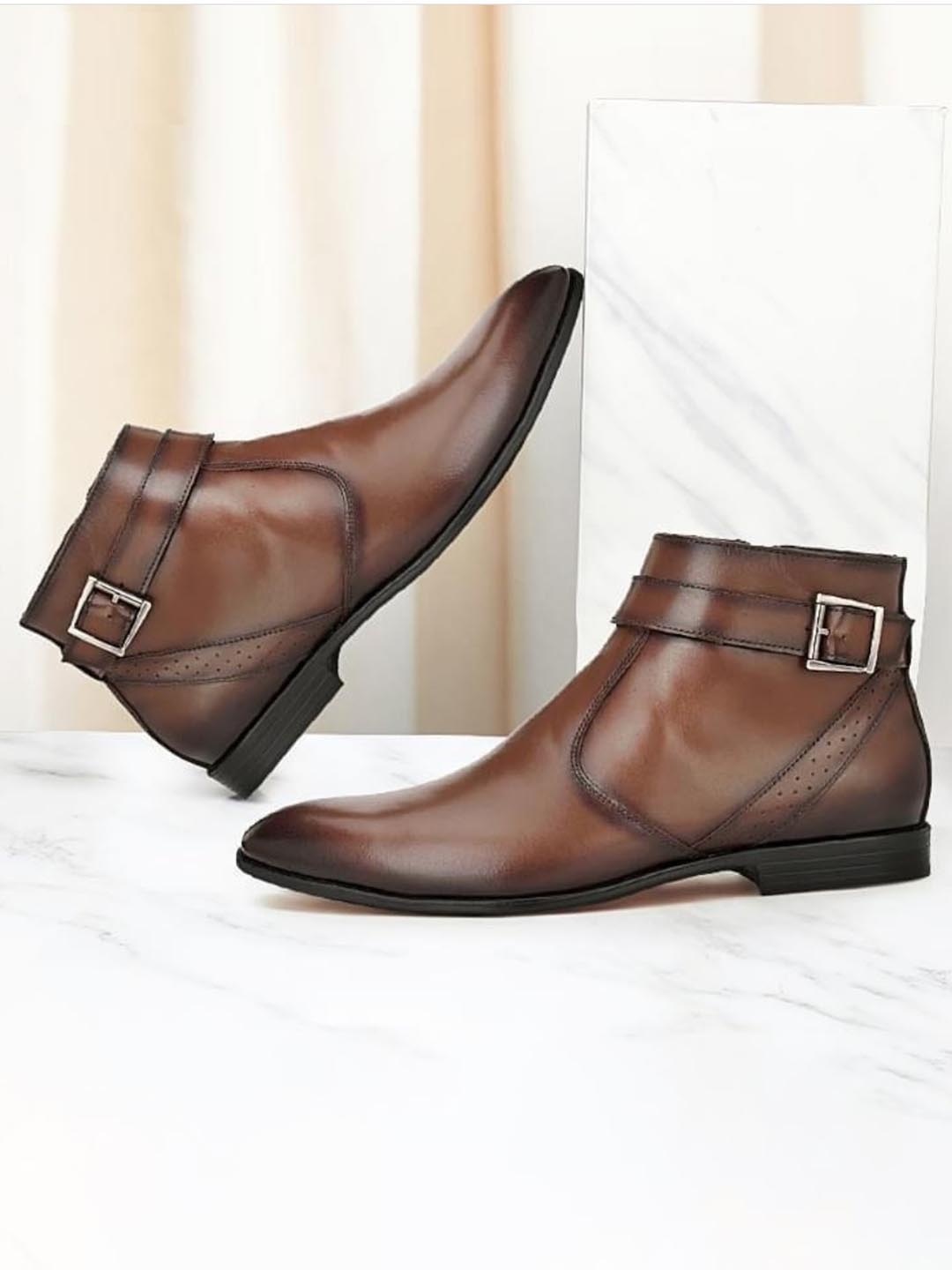 

Hitz Men Brown Solid Genuine Leather High-Top Flat Boots