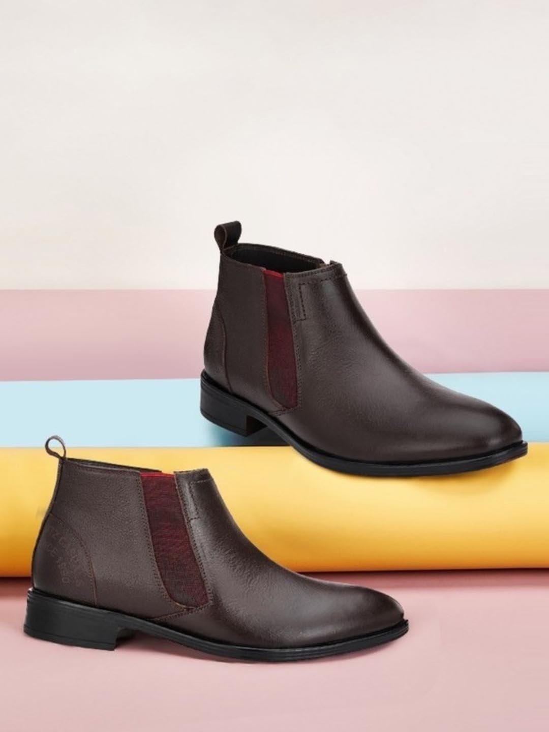 

Hitz Men Brown Solid Leather Mid-Top Flat Boots