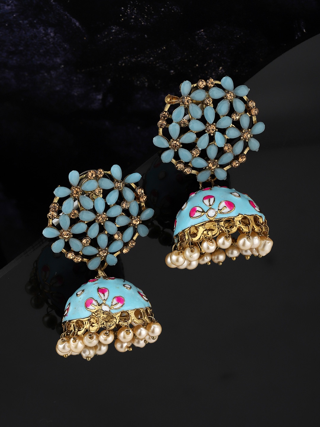 

Carlton London Blue & Cream-Coloured Gold-Plated Handcrafted Stone-Studded Jhumkas