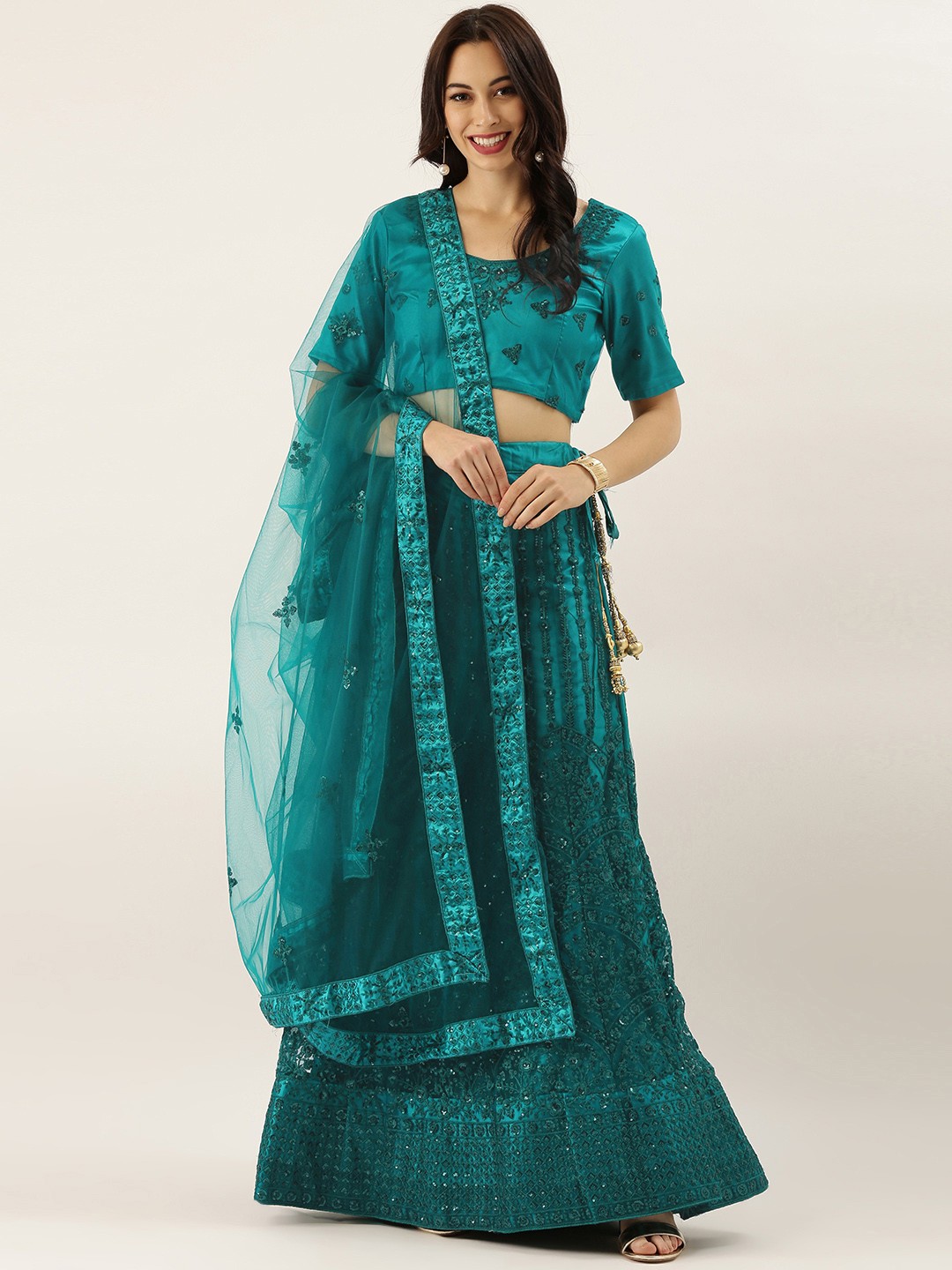 

LADUSAA Teal Blue Embroidered Semi-Stitched Lehenga & Blouse with Dupatta