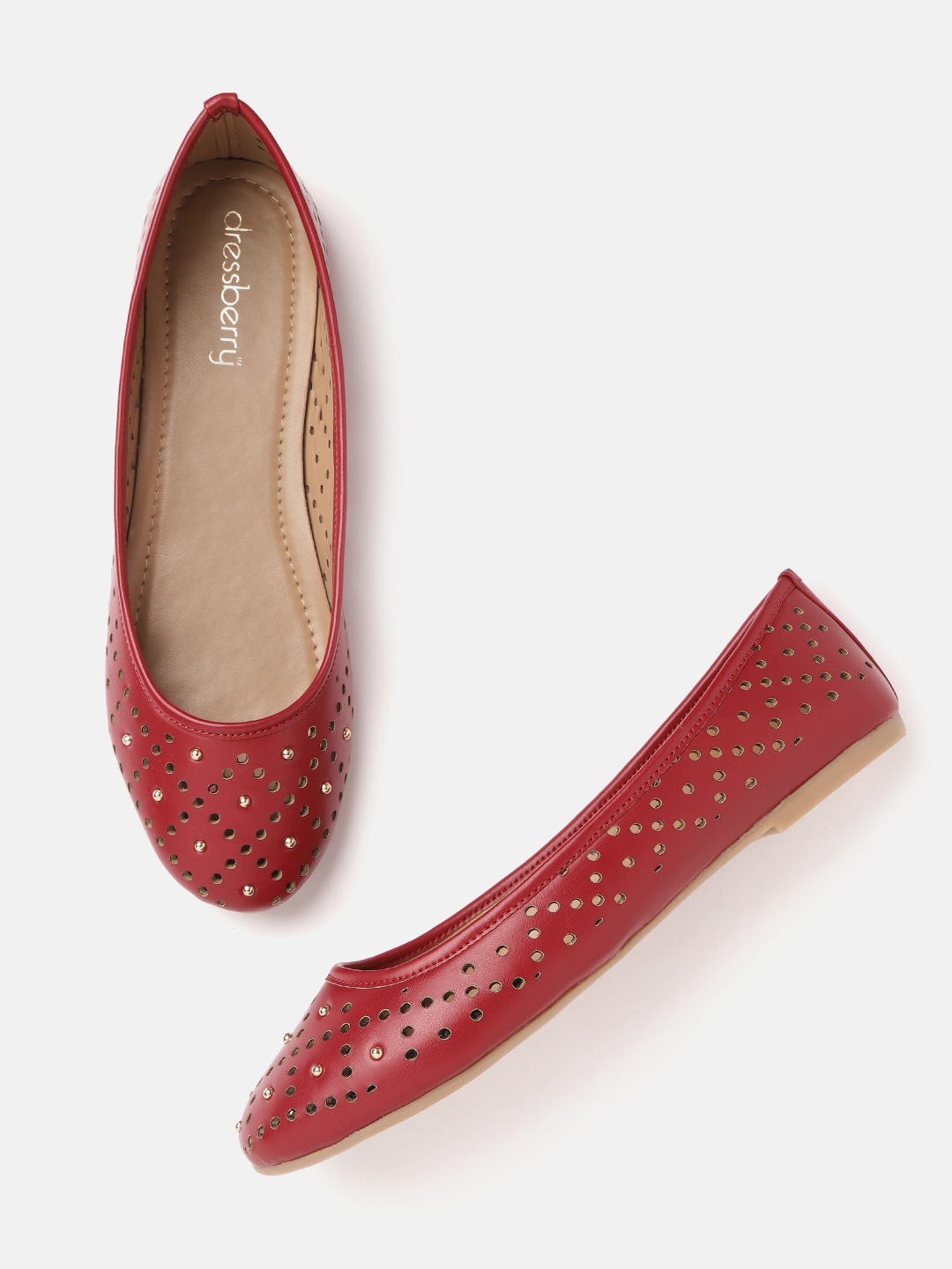 

DressBerry Women Red Laser Cut Ballerinas with Studded Detail