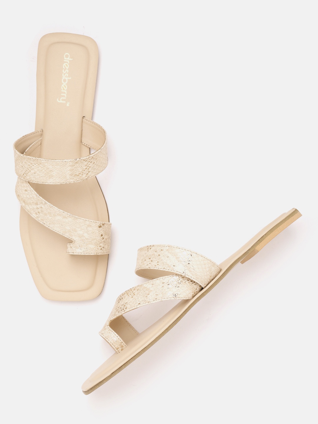 

DressBerry Women Beige & Gold-Toned Snakeskin Textured One Toe Flats