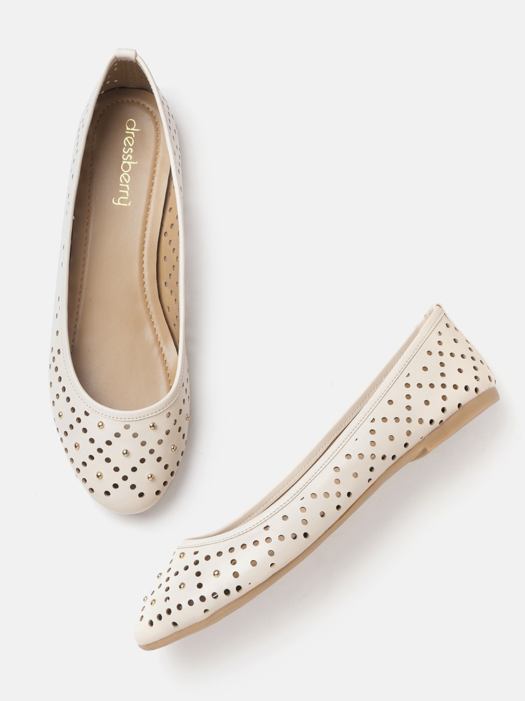 

DressBerry Women Light Beige Circular Laser Cut Ballerinas with Studded Detail