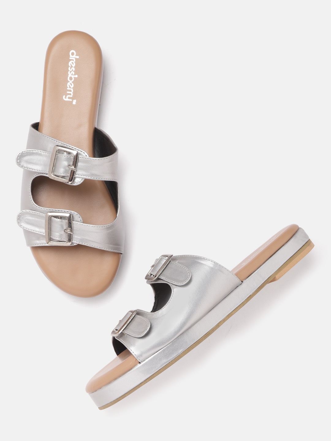 

DressBerry Women Silver-Toned Buckle Detail Open Toe Flats