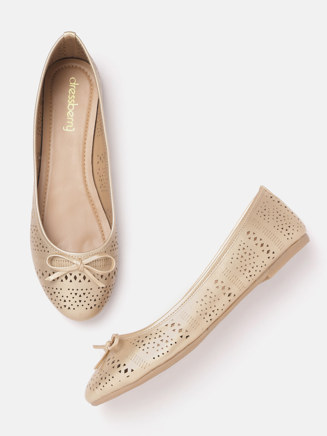

DressBerry Women Muted Gold-Toned Laser Cut Ballerinas with Bow Detail