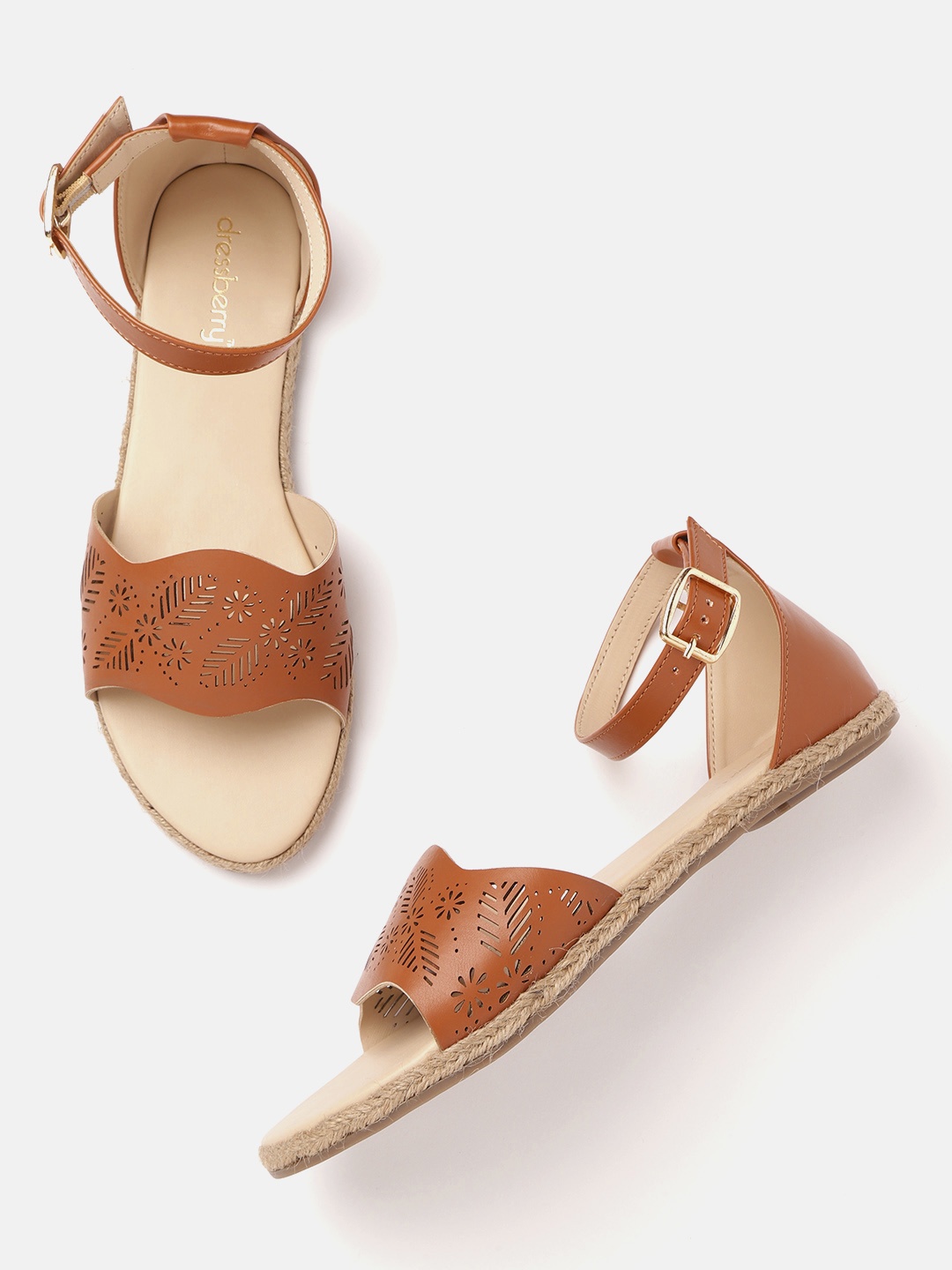 

DressBerry Women Tan Brown Leaf & Floral Laser Cut Mid-Top Open Toe Flats