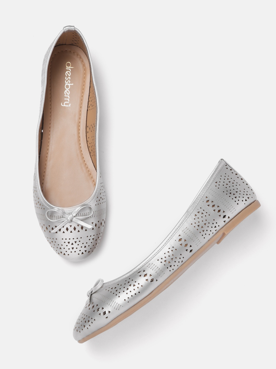 

DressBerry Women Muted Silver-Toned Laser Cut Ballerinas with Bow Detail
