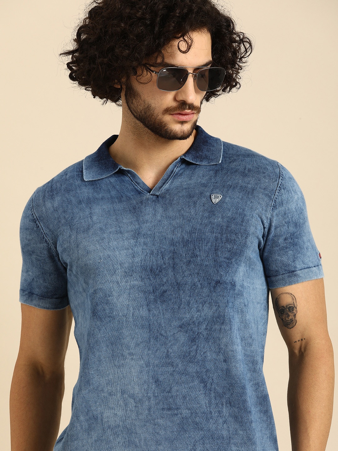 

Being Human Men Blue Self Design Polo Collar T-shirt