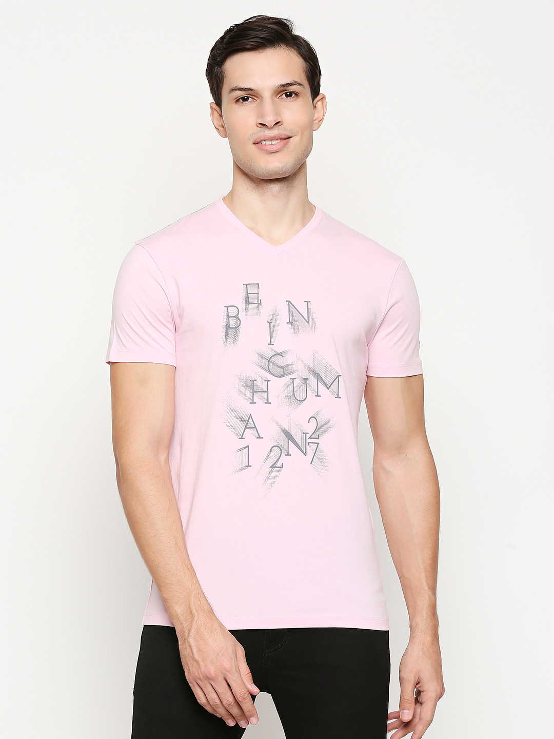 

Being Human Men Pink & Grey Brand Logo Printed Pure Cotton T-shirt