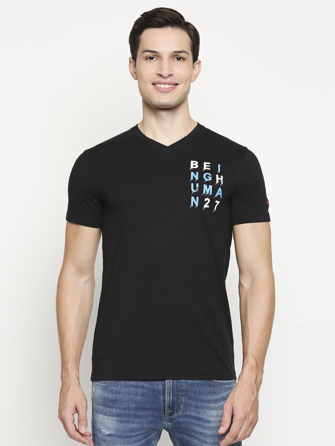 

Being Human Men Black & Blue Brand Logo Printed Pure Cotton T-shirt