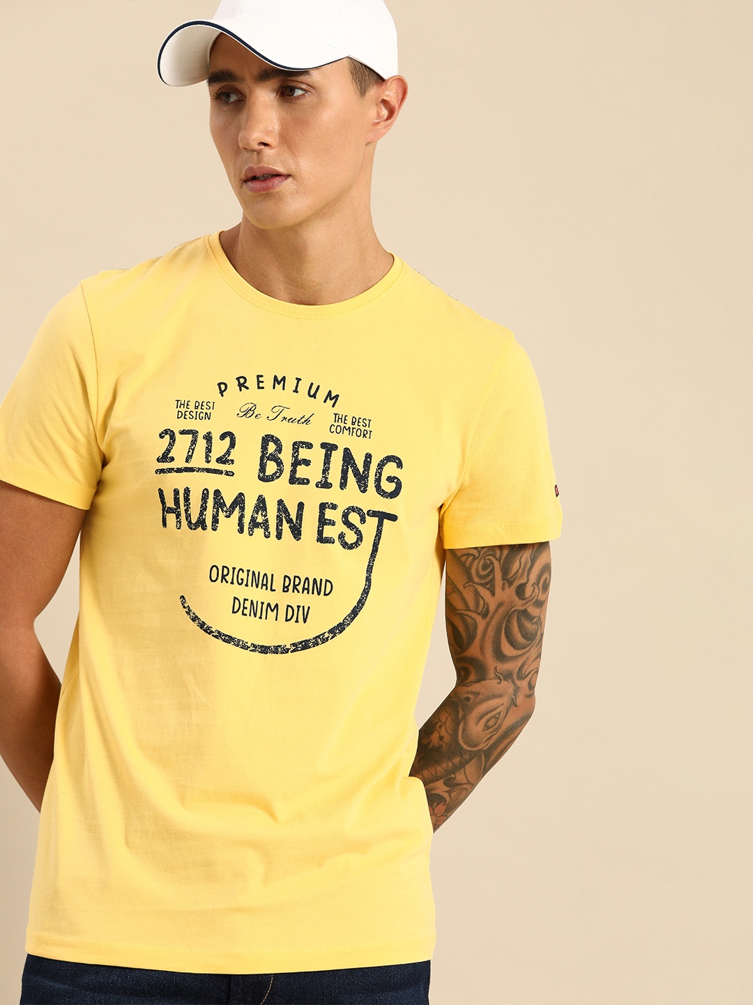 

Being Human Men Yellow Printed Round Neck Pure Cotton T-shirt