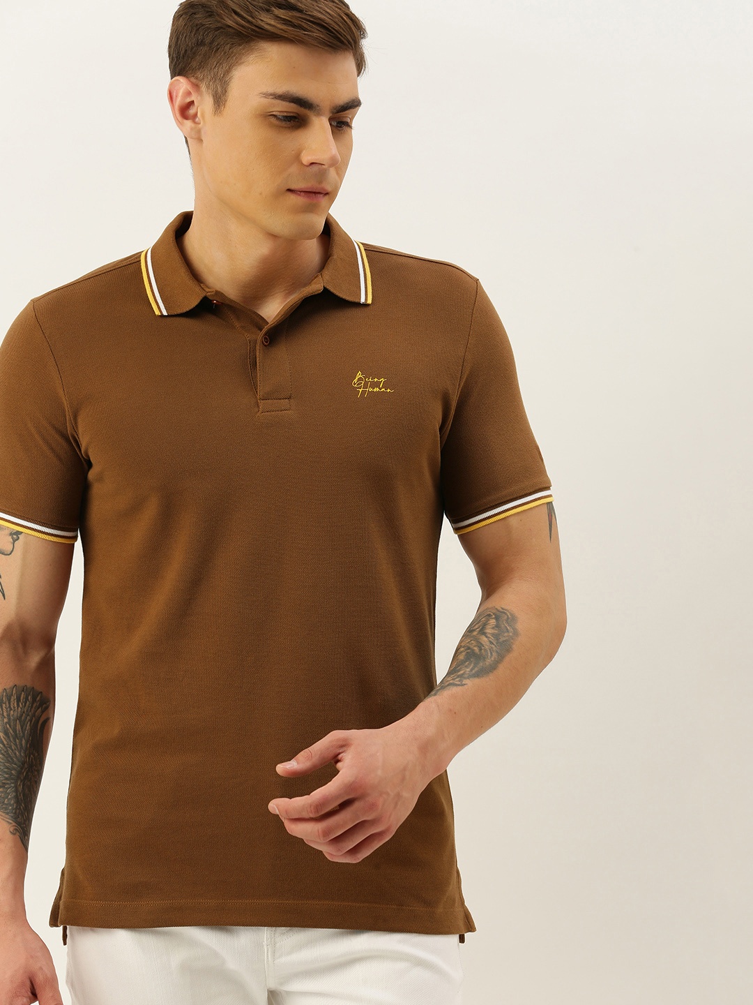 

Being Human Men Brown Solid Polo Collar Pure Cotton T-shirt