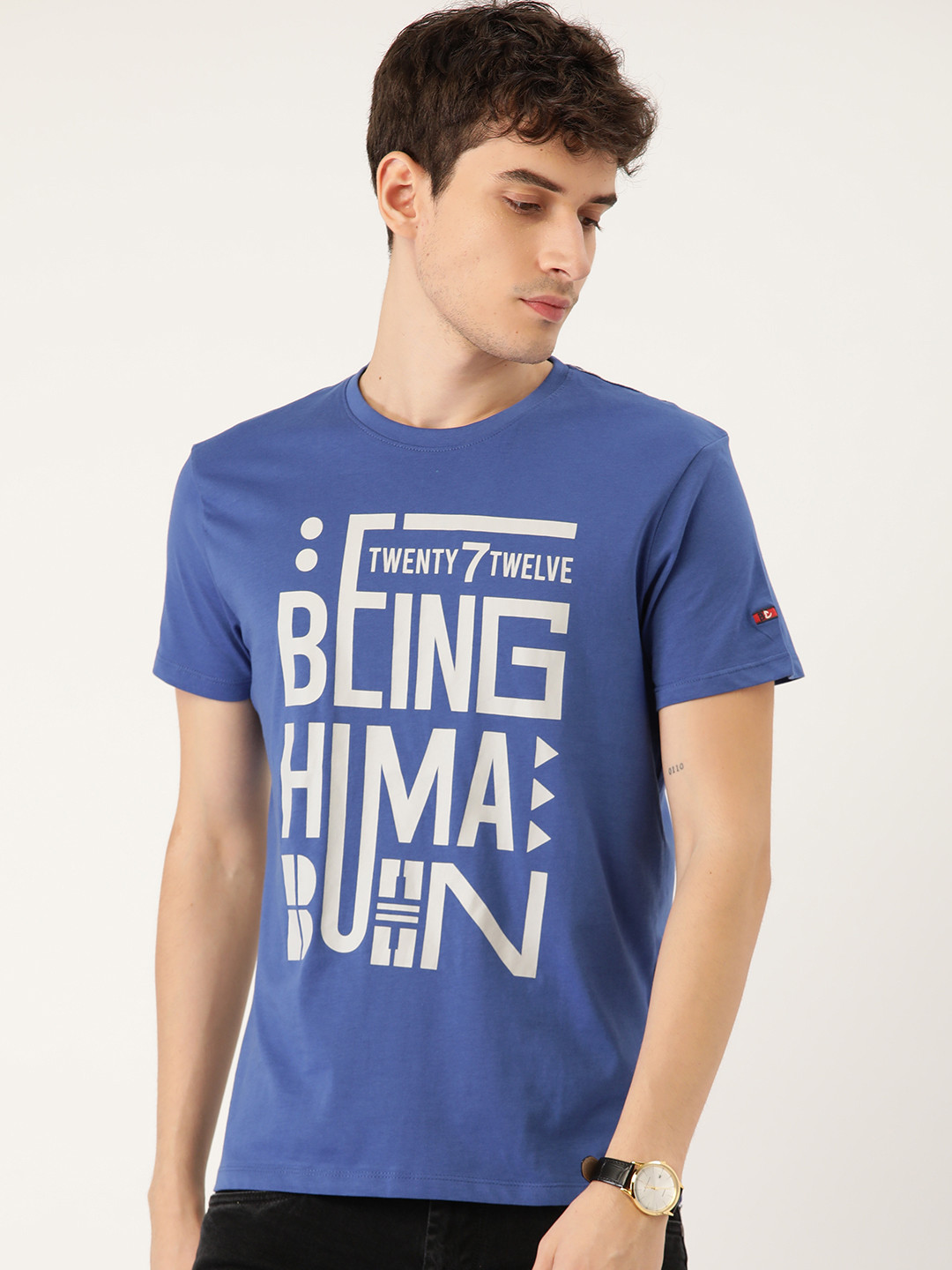 

Being Human Men Blue & White Brand Logo Printed Cotton T-shirt