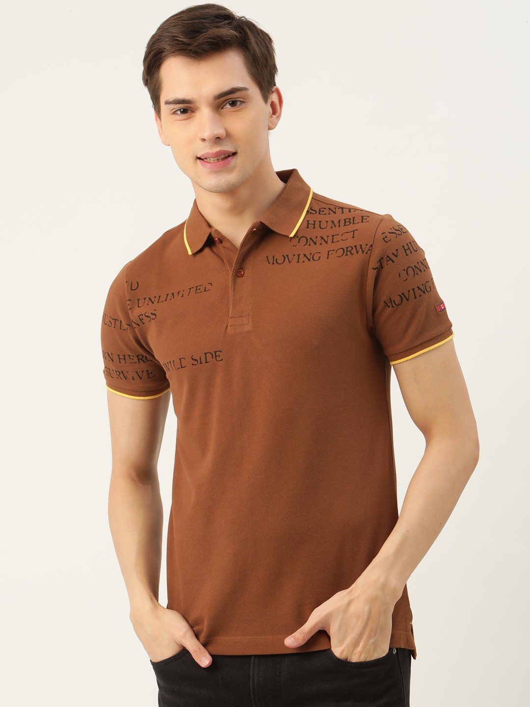 

Being Human Men Brown Black Printed Polo Collar Pure Cotton T-shirt