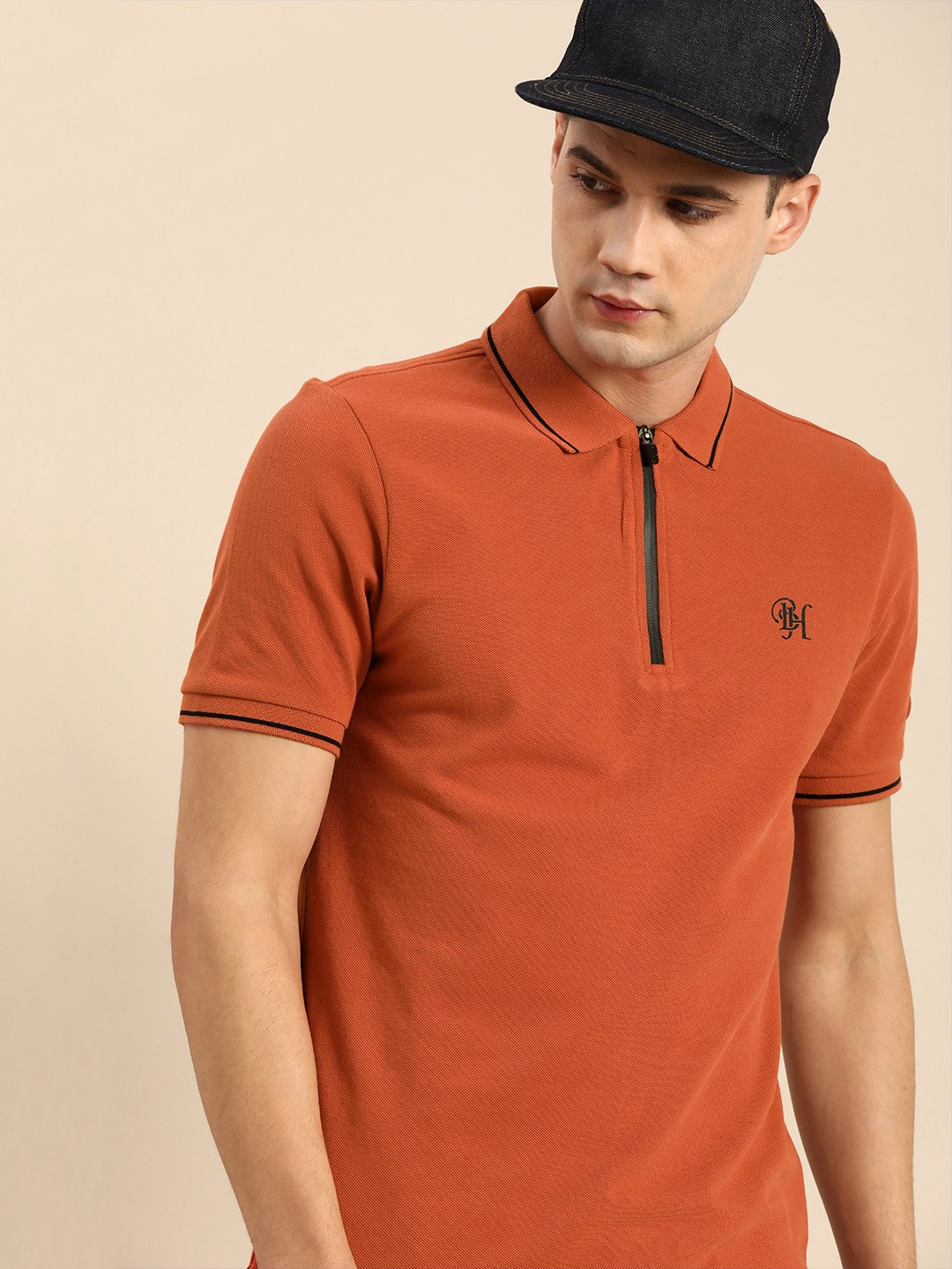 

Being Human Men Rust Orange Zipper Polo Collar T-shirt