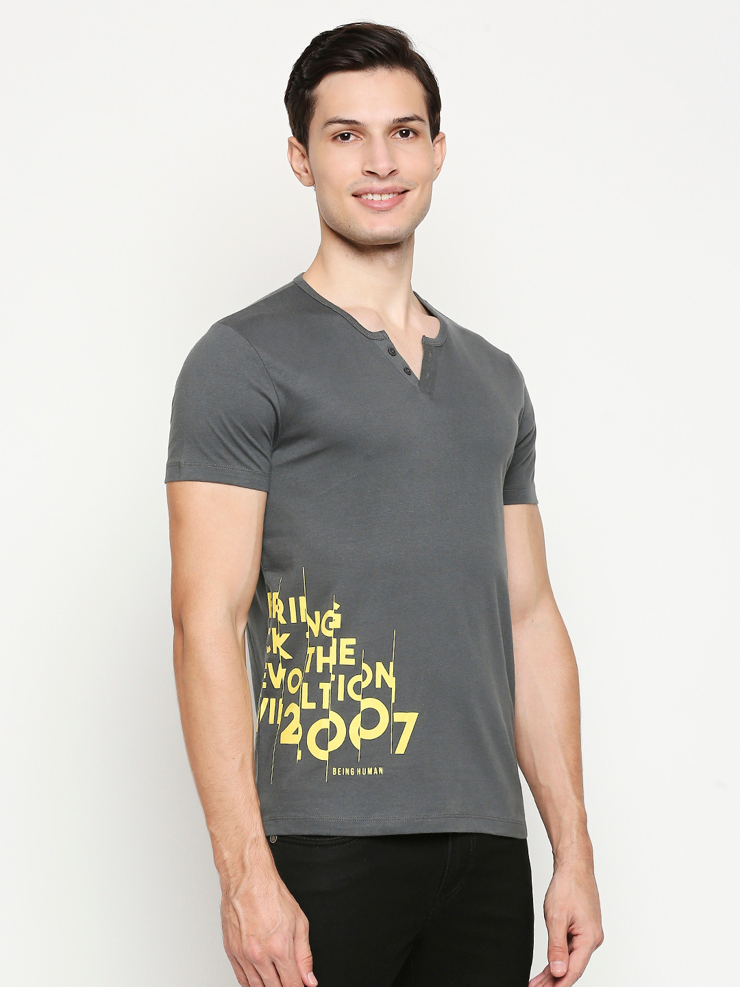 

Being Human Men Grey & Yellow Printed Pure Cotton T-shirt