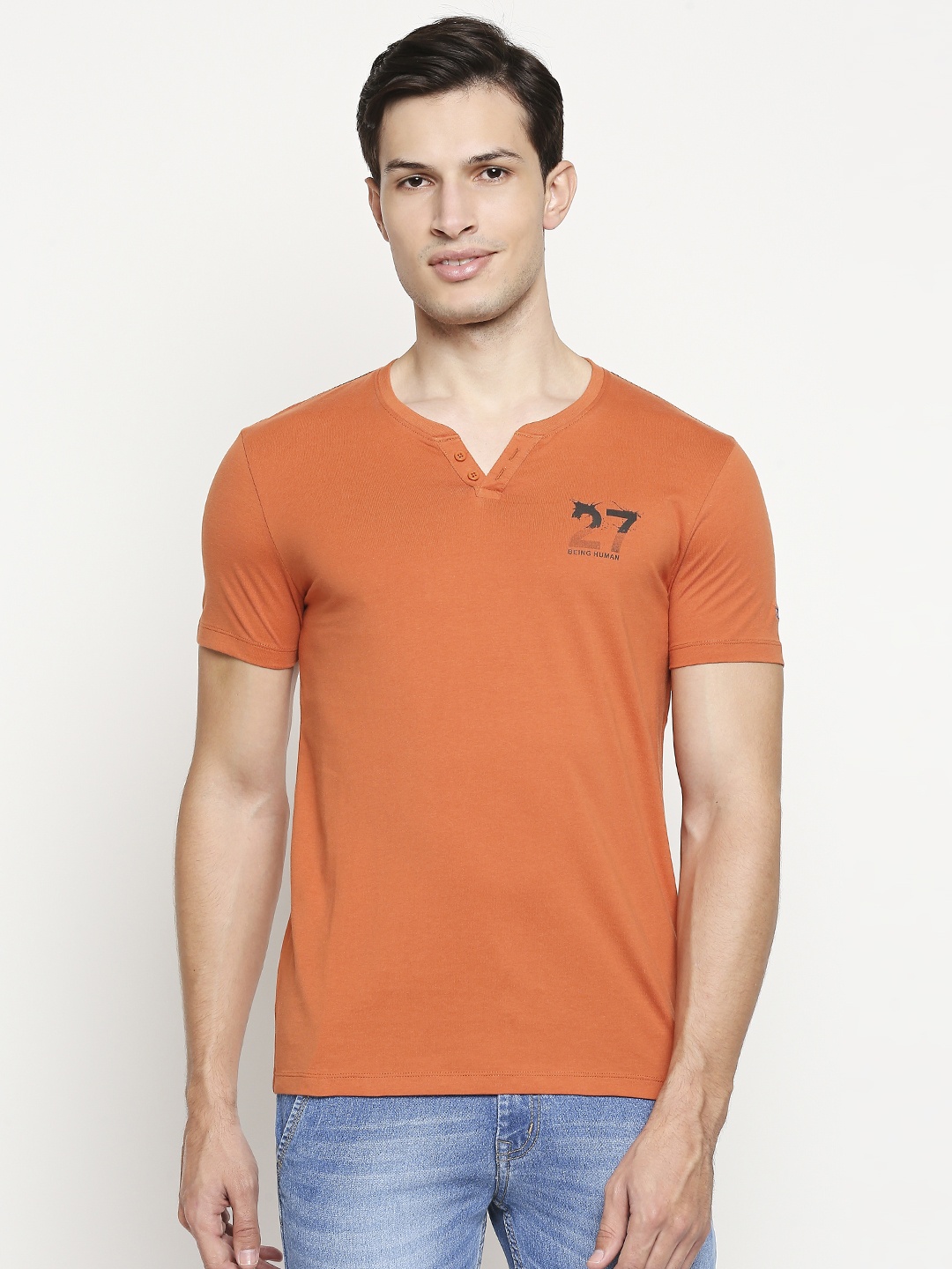 

Being Human Men Rust Orange Solid Henley Neck Pure Cotton T-shirt