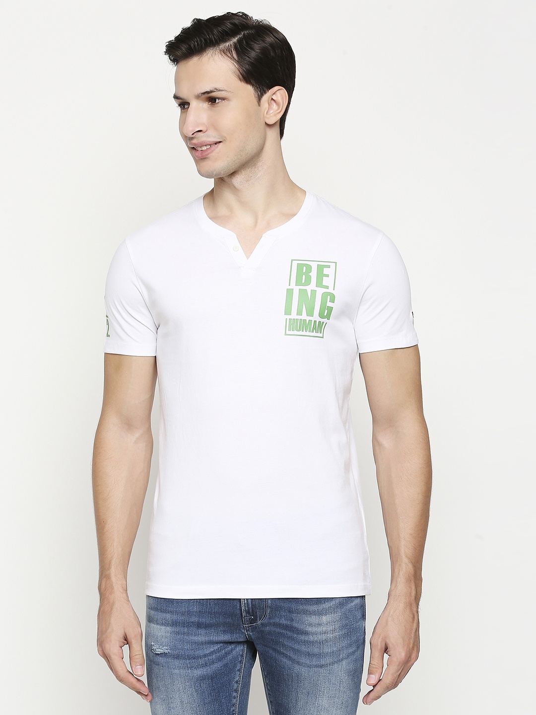 

Being Human Men White & Green Brand Logo Printed Pure Cotton T-shirt