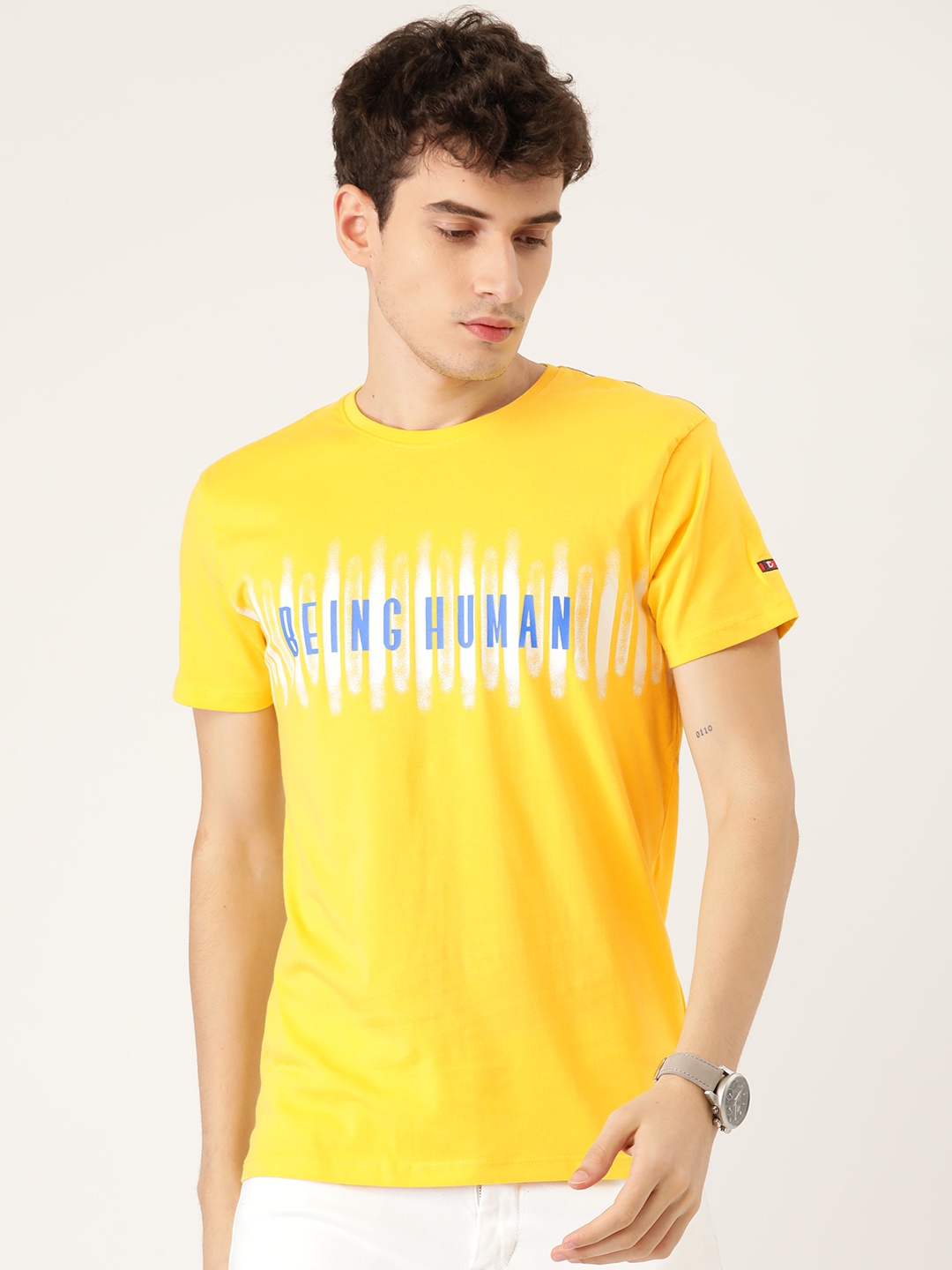 

Being Human Men Yellow & Blue Brand Logo Printed Pure Cotton T-shirt