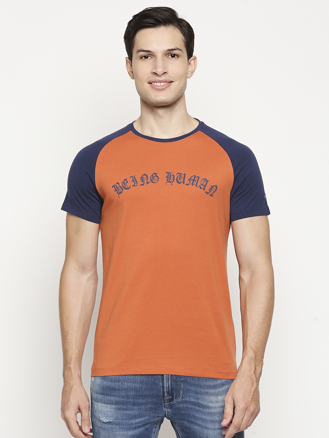 

Being Human Men Rust & Navy Blue Printed Pure Cotton T-shirt