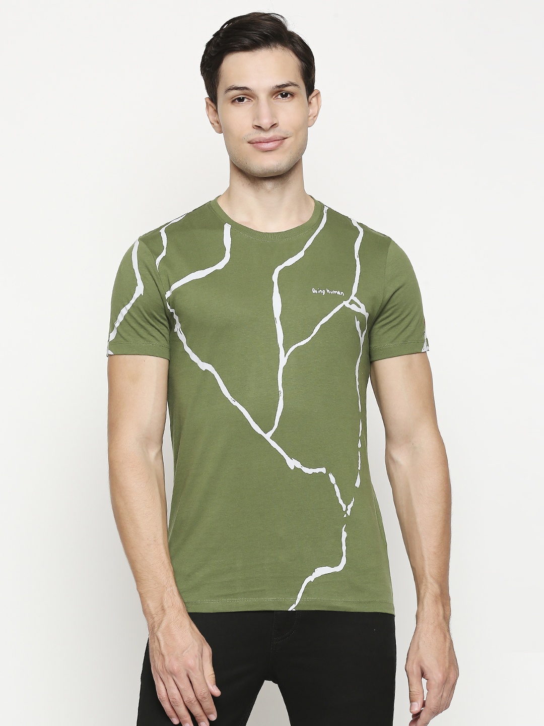 

Being Human Men Olive Green & White Printed Pure Cotton T-shirt