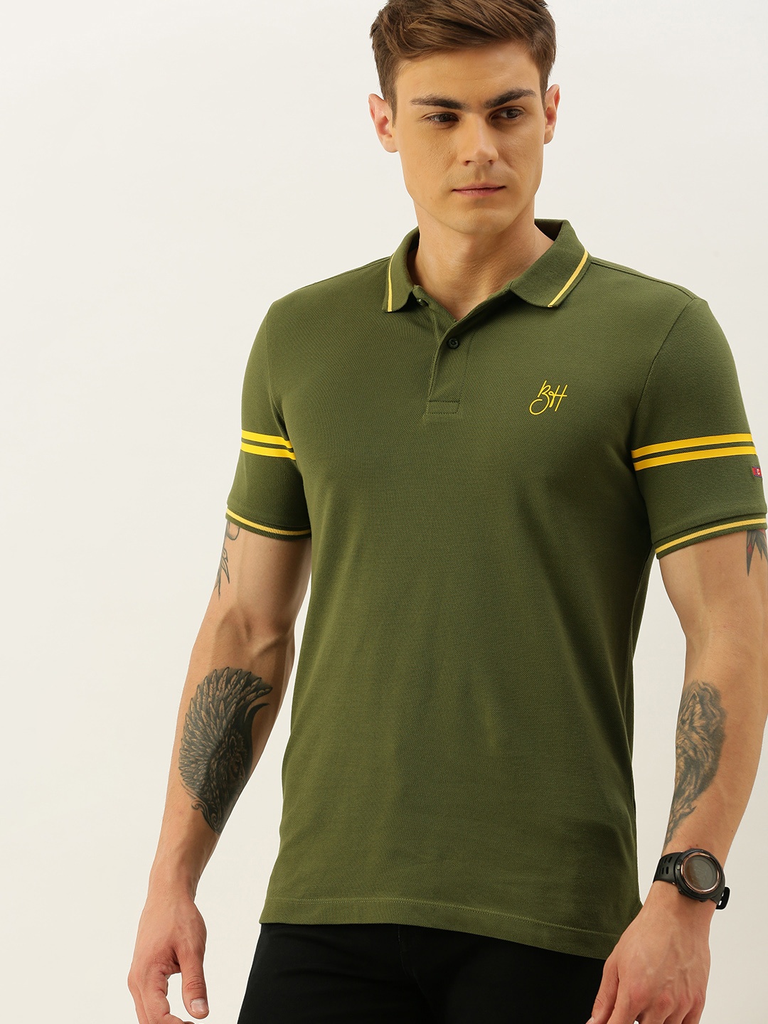 

Being Human Men Olive Green Solid Polo Collar Pure Cotton T-shirt